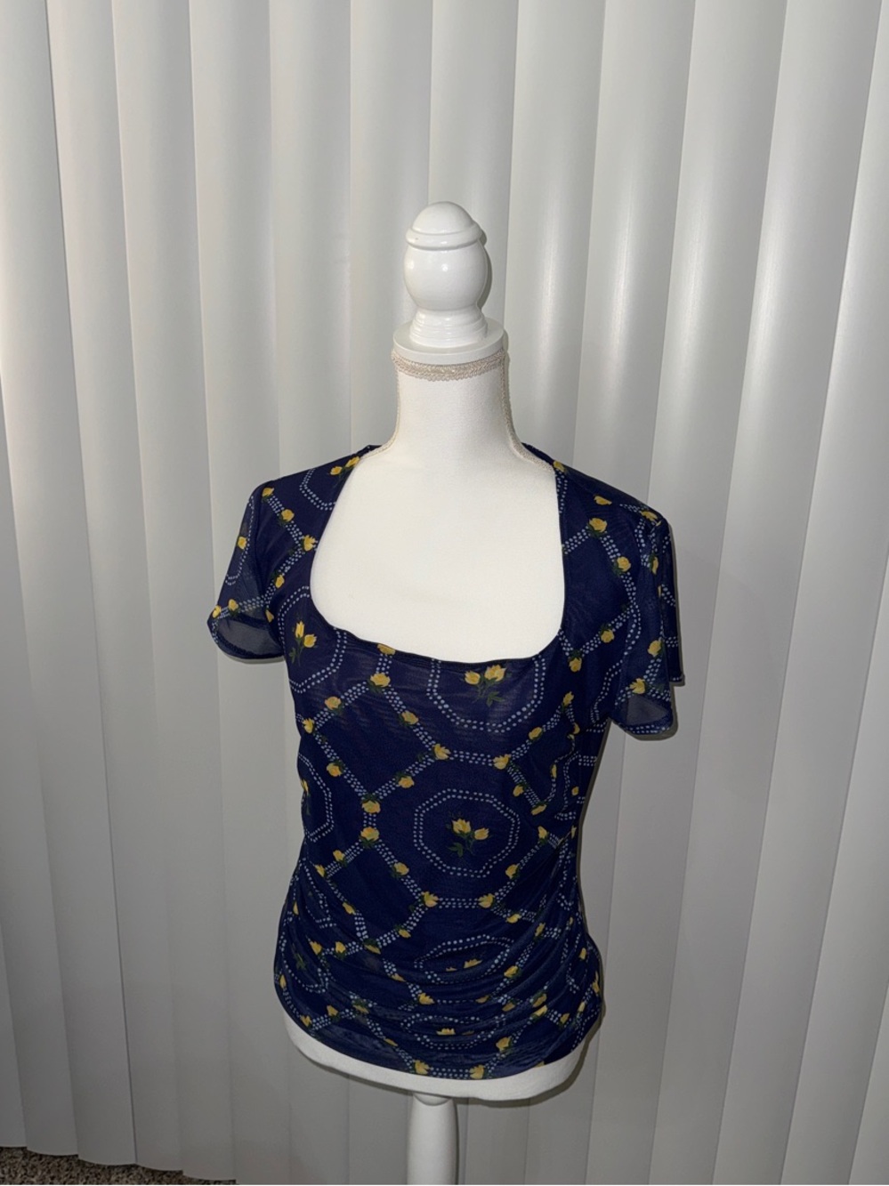 Maeve Navy Blue Patterned Scoop-Neck Top with Yellow Accents